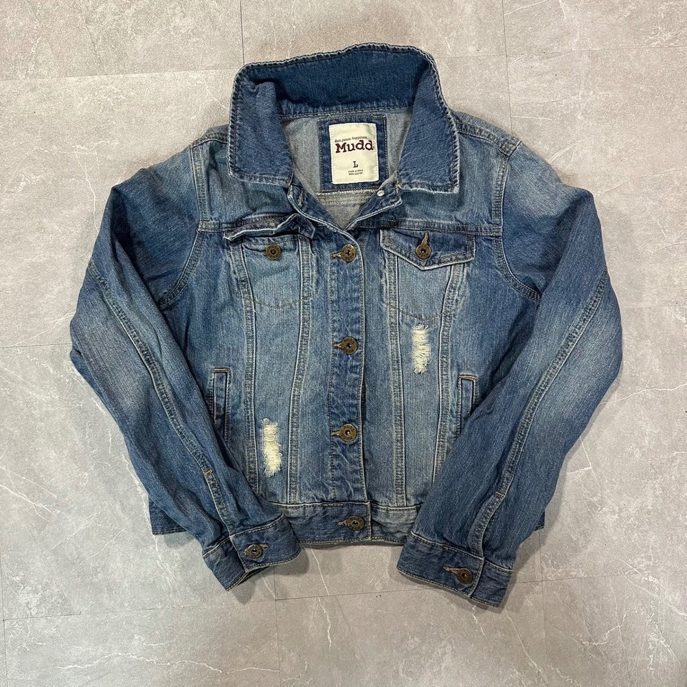Mudd Womens Distressed Denim Jacket Medium Wash Blue Cotton Size L